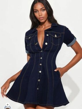 Fashion Nova Dark Navy Button-Front Denim Mini Dress